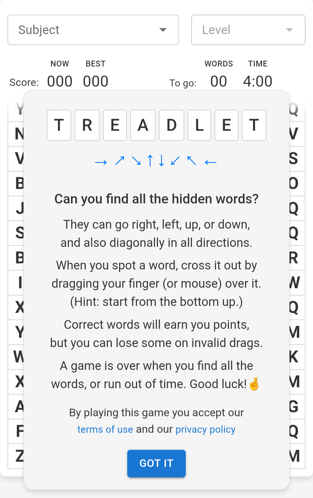 Treadlet — Initial screen